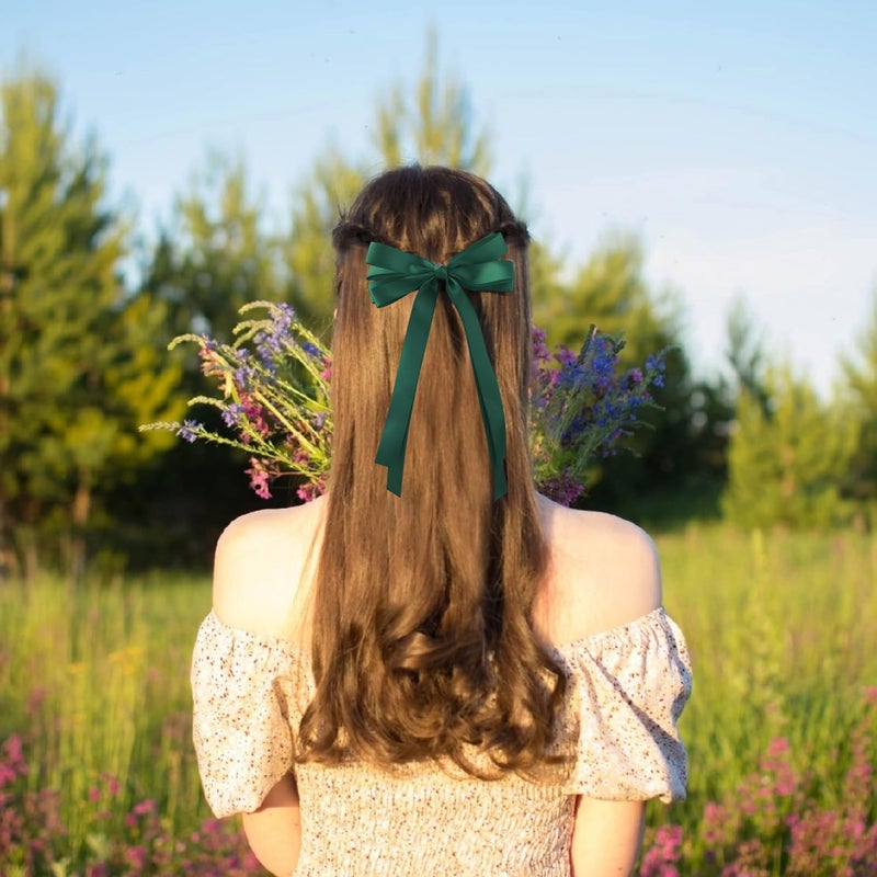 SuPoo 4pcs Small Hair Bow Clips for Women Girls Green Silky Satin Hair Ribbon Large Bows for Hair Different Sizes Bowknot Alligator Clips Hair Bow Barrettes Oversized Long-tail Aesthetic Hair Accessories - Image 3